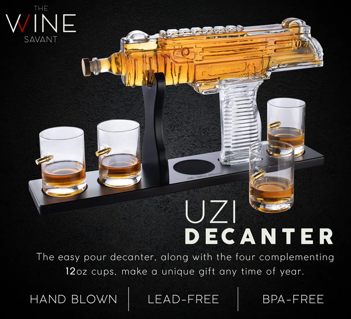 Uzi Submachine Gun Whiskey Gun Decanter and 4 Liquor Glasses - Decanter & Glass Set - Gun Gifts for Men - Whiskey Decanter Set - Bourbon & Scotch Decanter - Firearm Shooting Gifts for Dad