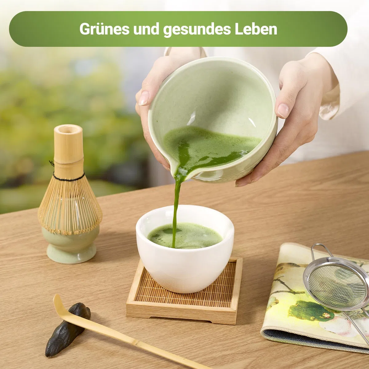 G&G Matcha Set 7-teilig mit Matcha Schale, Bambusbesen, Sieb & Besenhalter – Japanisches Matcha Tee Set für Anfänger, Matcha Zubehör in Geschenkbox, Chasen, Chashaku & Chawan, Hellgrün