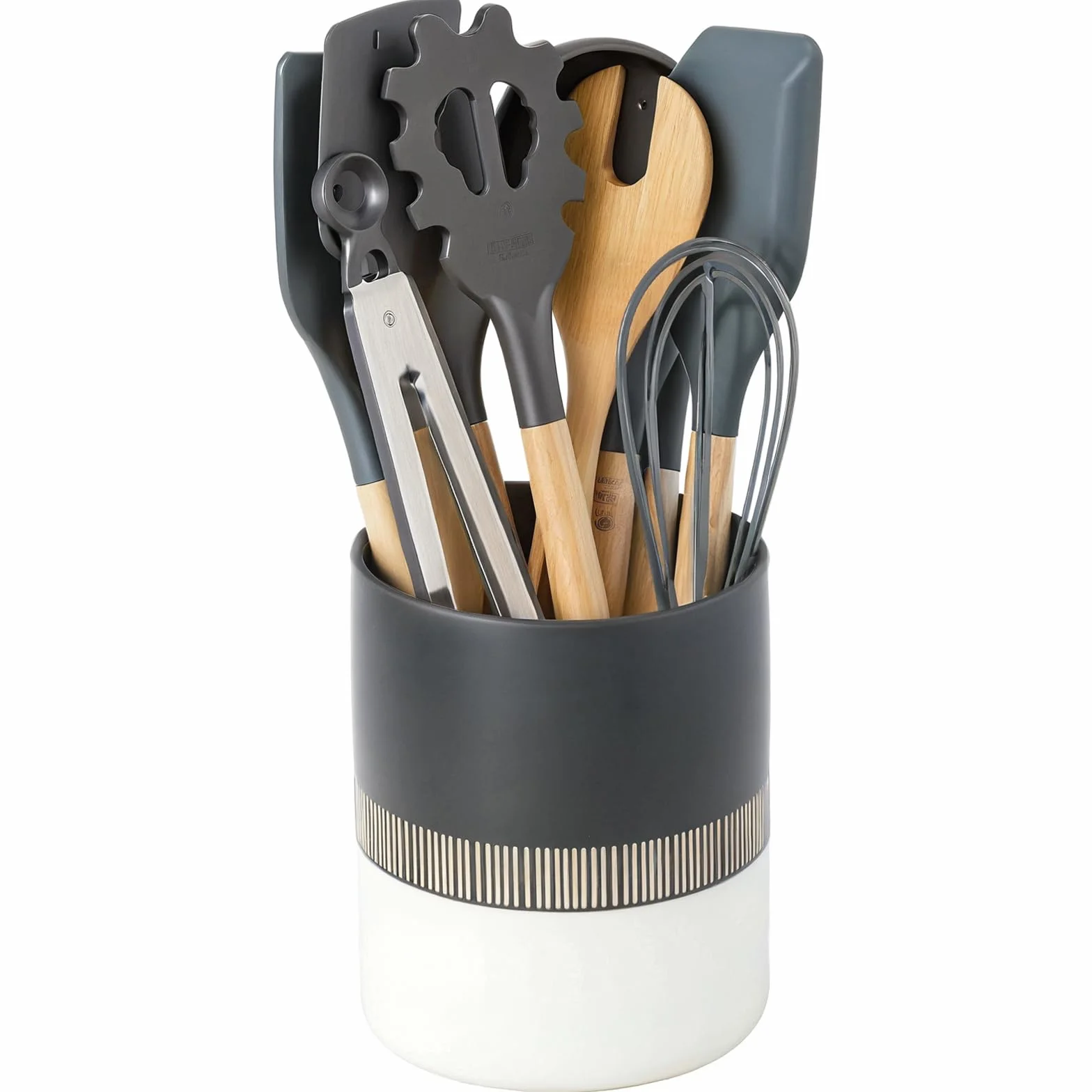 Toski Küchenutensilienhalter Keramik Groß, 13,2 x 15,9 cm Besteckhalter für Arbeitsplatte, Minimalistischer Stil Utensilienhalter für Küche Aufbewahrung, Goldene Streifen Besteckkorb, Schwarz und Weiß