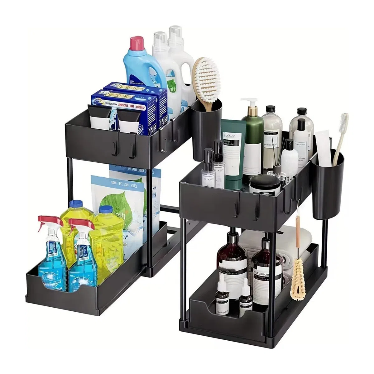 Unter Waschbecken Regal, 2 Etagen Standregal, Küchen Organizer Mit Schiebeschublade, 2 Set Spülschrank Organizer, Mit 8 Haken und 2 Tasse, Mehrfunktional Küchenregal Gewürzregal (Schwarz)