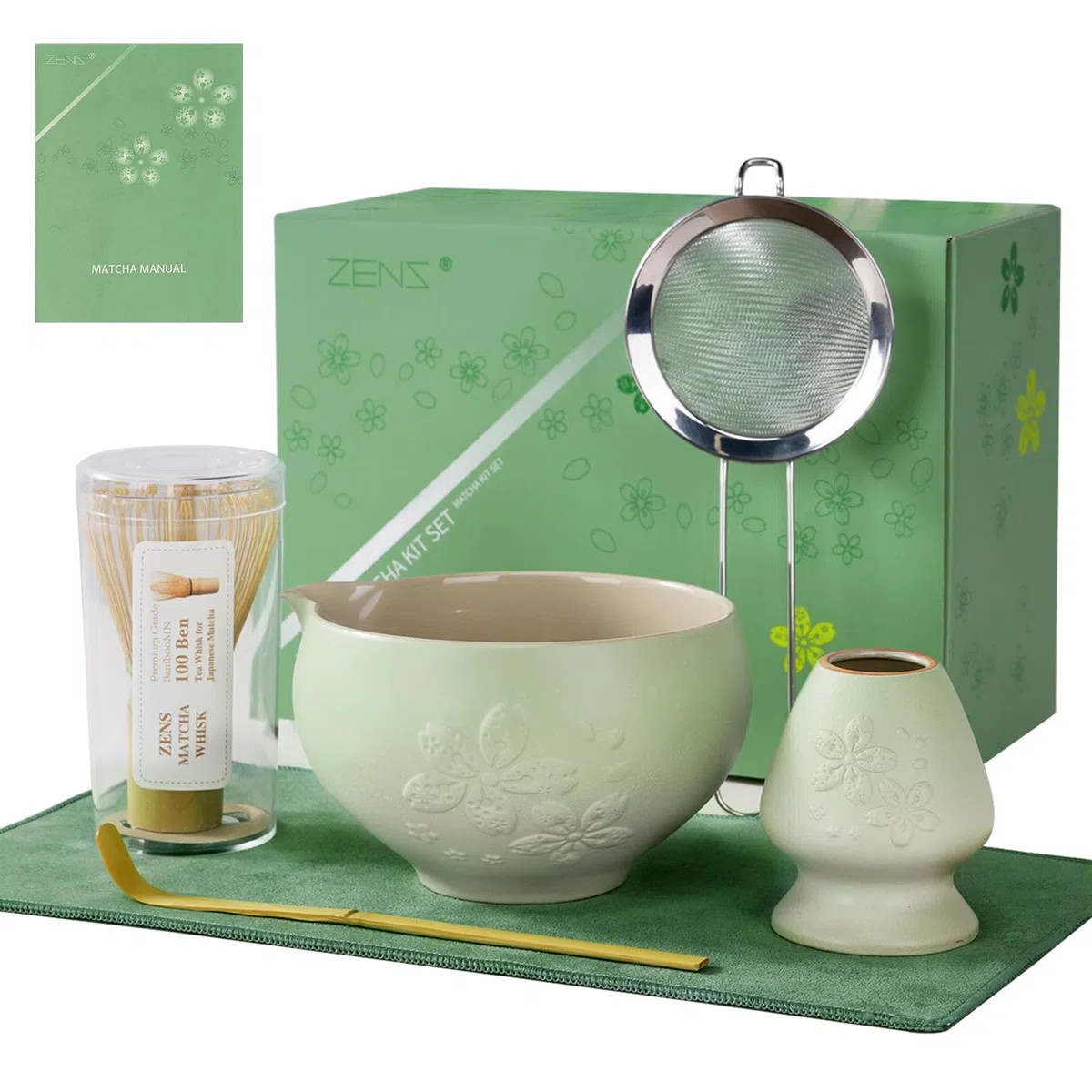 ZENS Matcha Set mit Matchabesen, Japanisches Matcha-Teeservice mit Matcha Schale, Besenhalter, Matcha-Pulversieb und Löffel & Teetuch, Geschenk für Matcha-Liebhaber, Grün