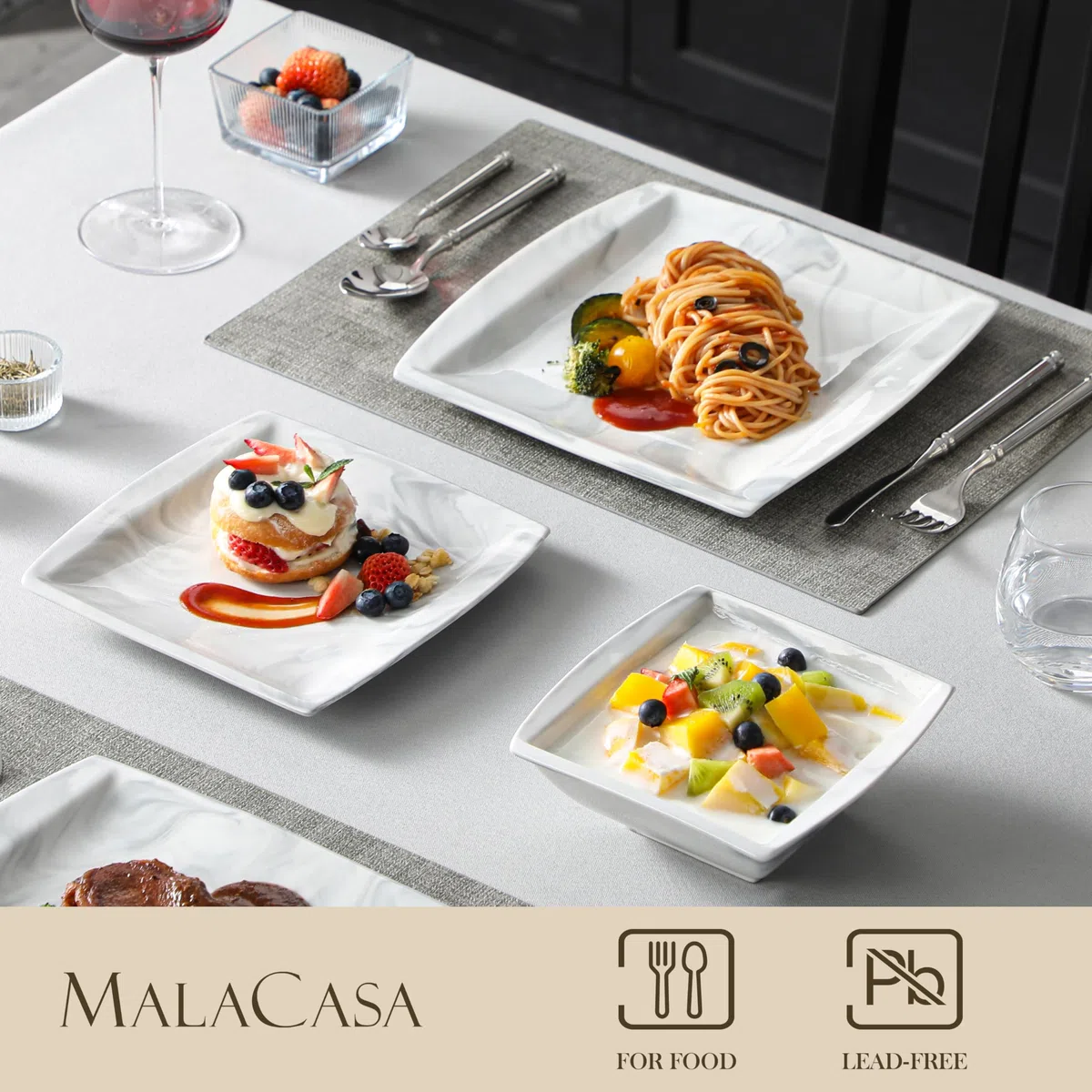 MALACASA Teller und Schüssel-Sets, 12-teiliges Porzellan-Geschirr-Set für 4, quadratische Teller und Schalen für Dessert, Salat und Suppe, Keramikgeschirr, Essgeschirr-Set, Marmorgrau, Serie Blance