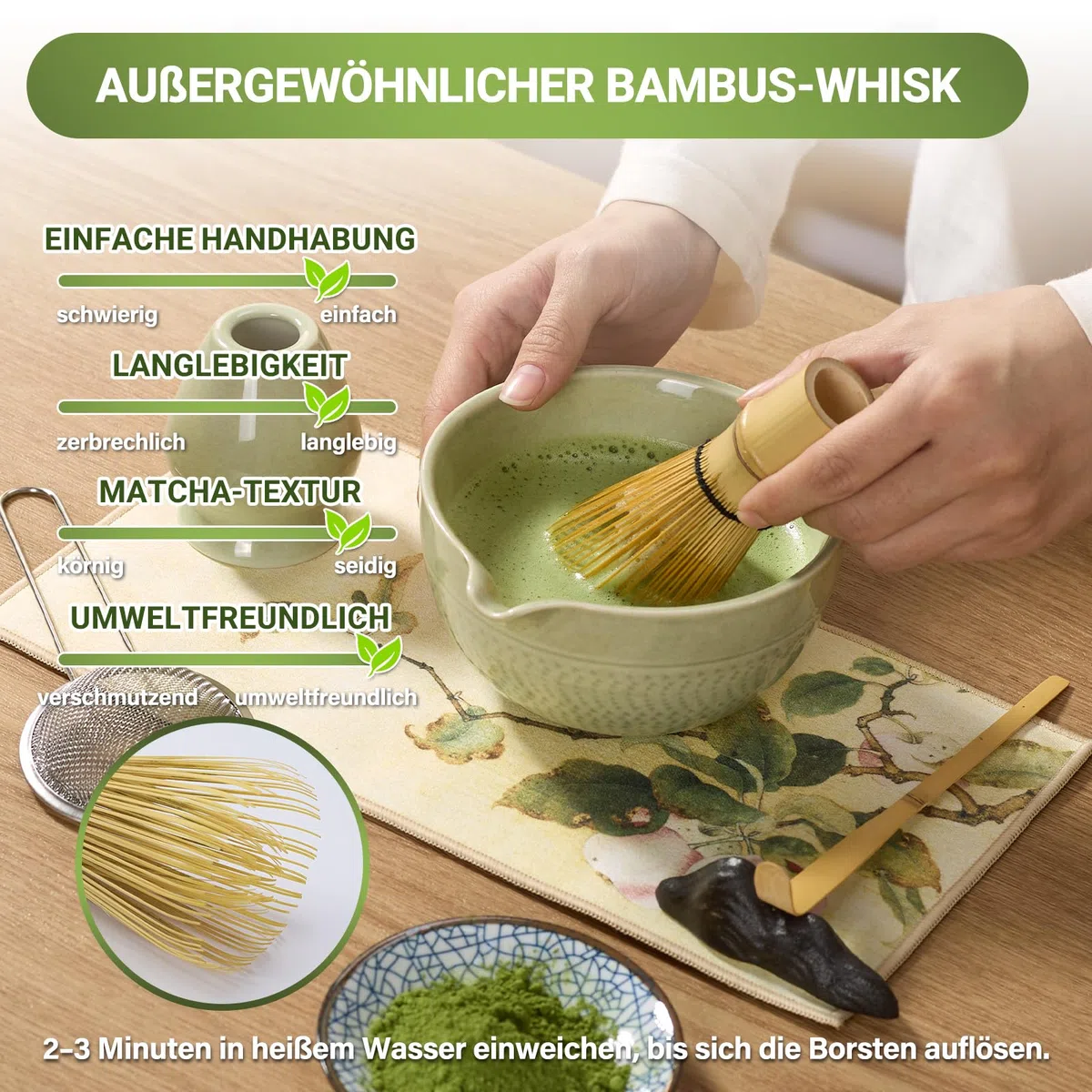 G&G Matcha Set 7-teilig mit Matcha Schale, Bambusbesen, Sieb & Besenhalter – Japanisches Matcha Tee Set für Anfänger, Matcha Zubehör in Geschenkbox, Chasen, Chashaku & Chawan, Hellgrün