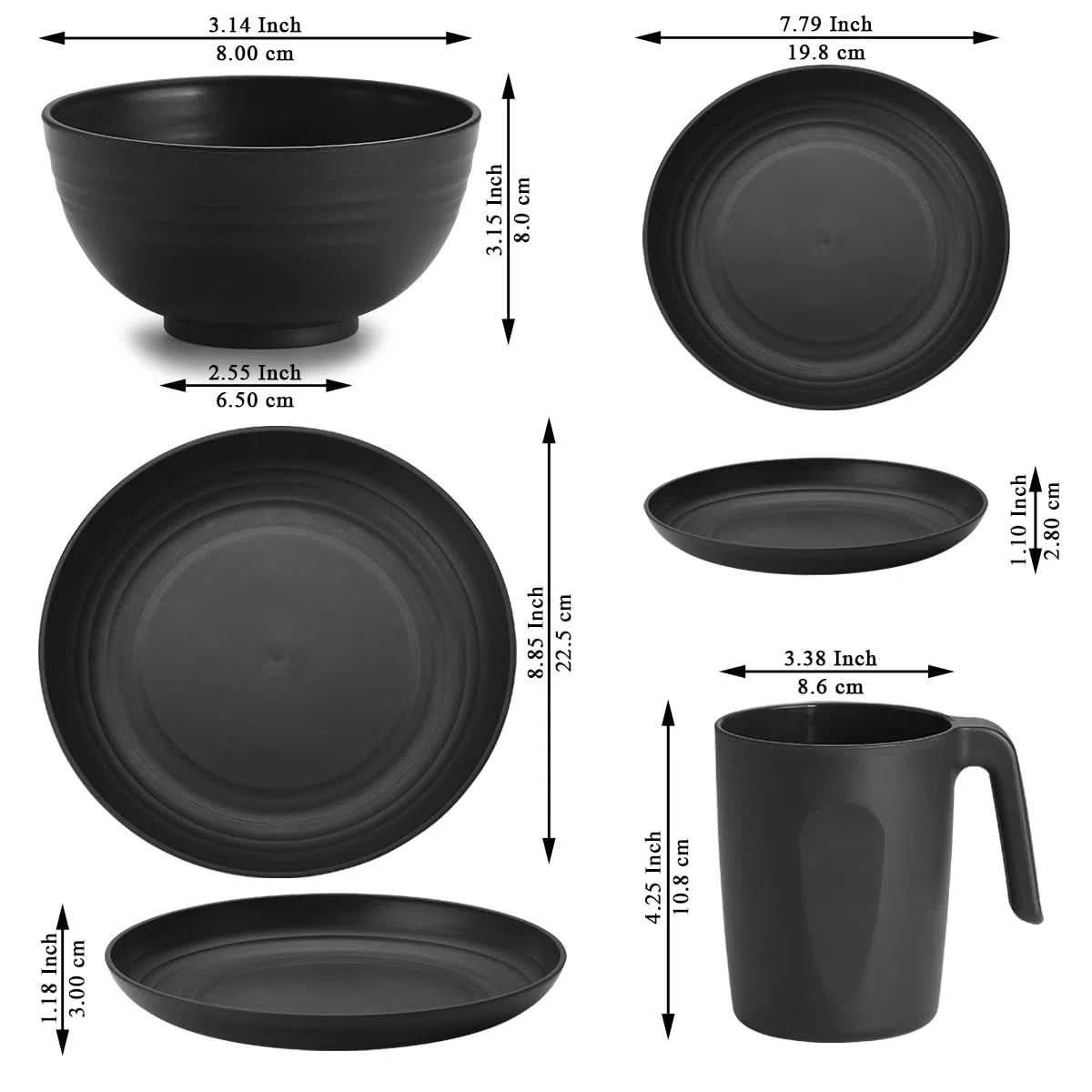 Berglander Plastikgeschirr aus schwarzem 24 teiliger für 6 Personen, wiederverwendbare Teller und Schüsseln mit Speisetellern, Desserttellern, Müslischalen, Tassen für Zuhause, Garten, Picknick