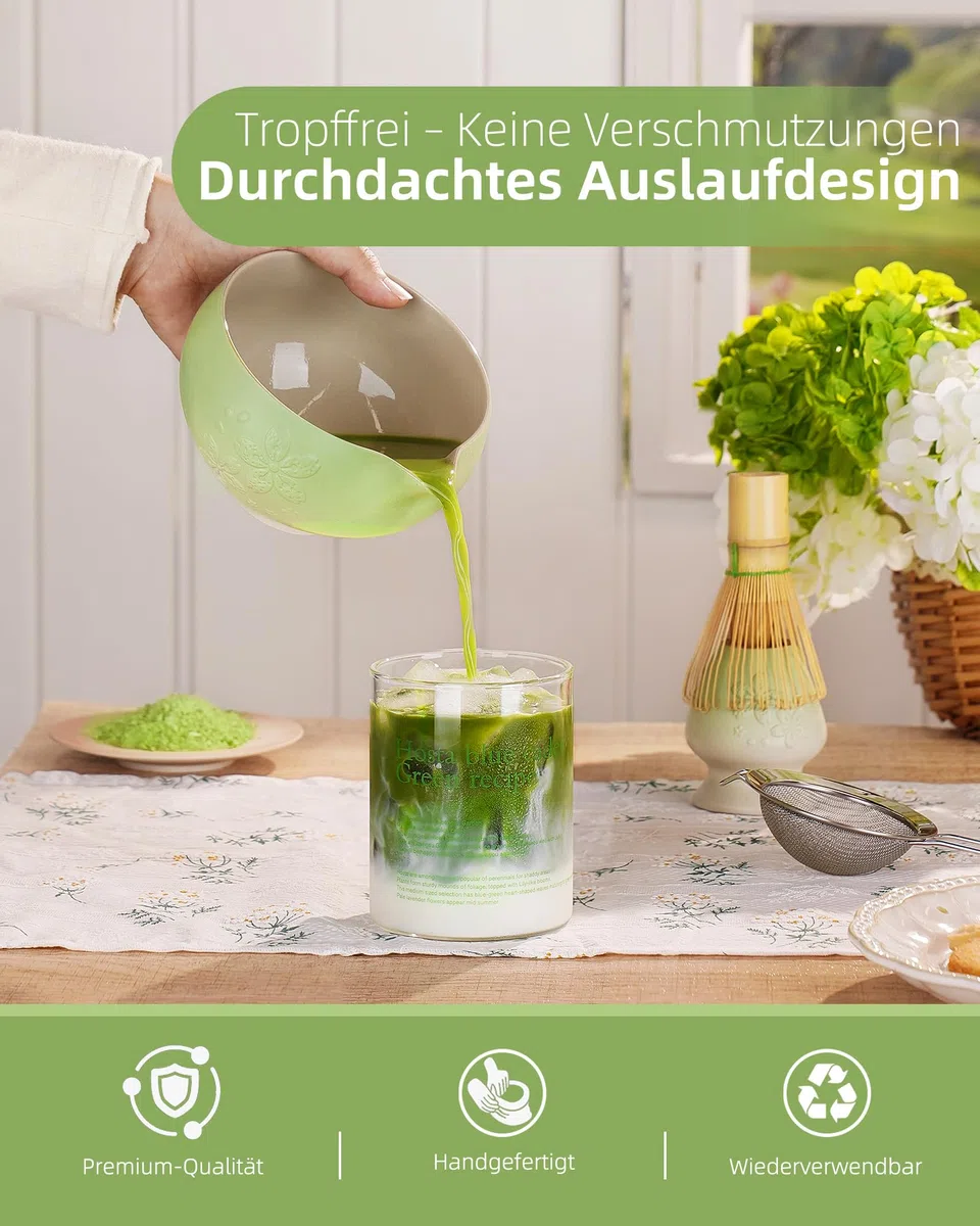 ZENS Matcha Set mit Matchabesen, Japanisches Matcha-Teeservice mit Matcha Schale, Besenhalter, Matcha-Pulversieb und Löffel & Teetuch, Geschenk für Matcha-Liebhaber, Grün