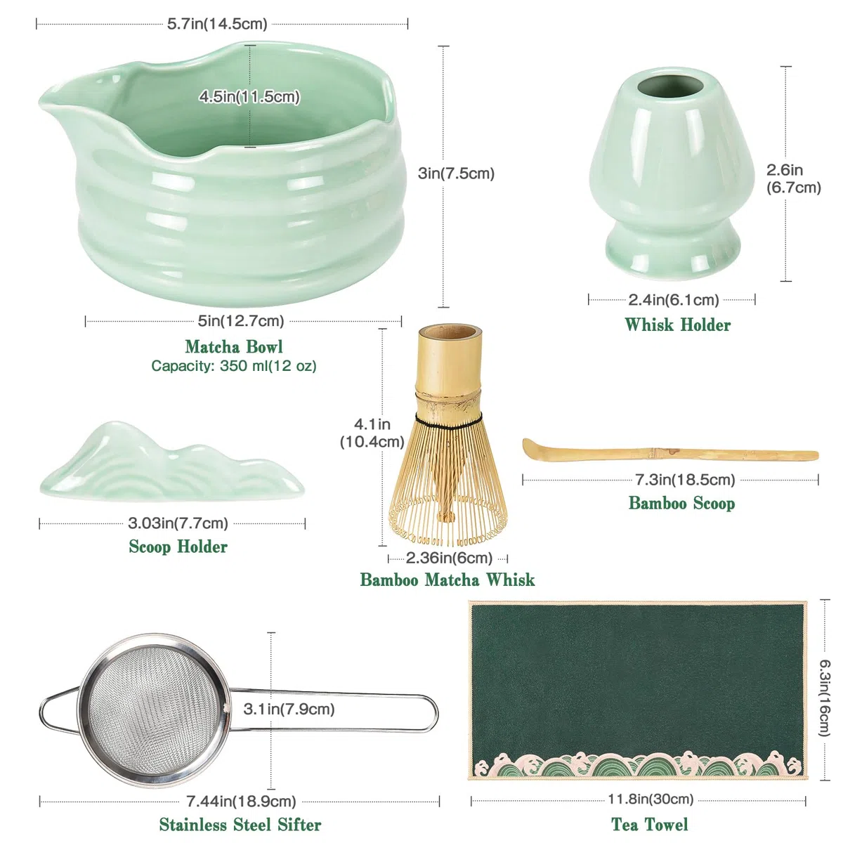 Matcha Besen Set Matcha Kit: 7 Stück Matcha Set mit Matcha Schale, Matcha Besen, Matcha Besenhalter, Schaufel, Sieb, Japanische Teezeremonie, Matcha Tea Set, Geschenk für Matcha Teeliebhaber (Grün)