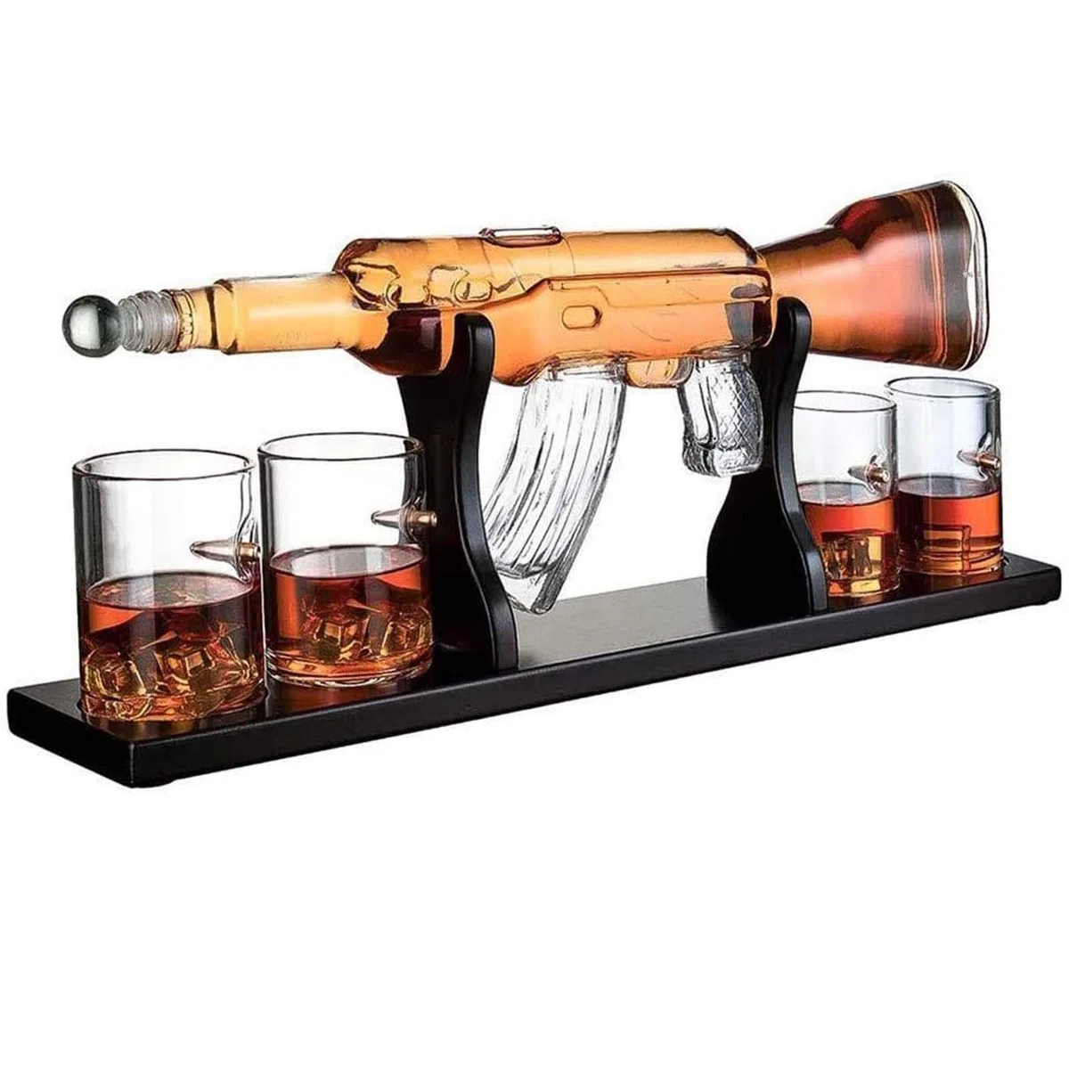 1000ml Big Pistol Whisky Dekanter Set mit 4 Bullet Cups, Home Bar Glaswaren für Wodka, Rum, Tequila, inklusive Holzsockel, sicheres Paket