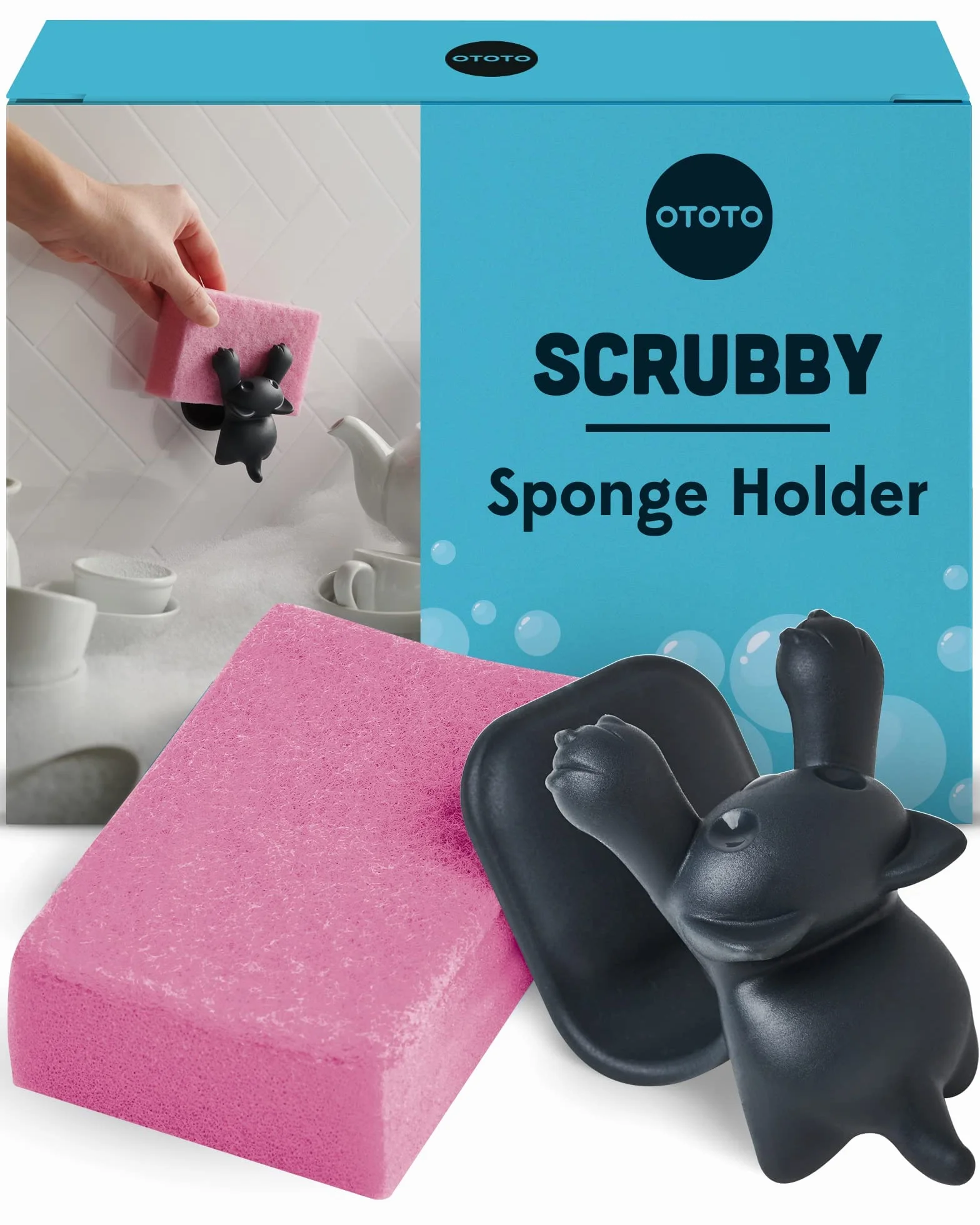 OTOTO Scrubby Schwammhalter für Küchenspüle, graue Katze, Küchenschwammhalter, spülmaschinenfest, rostfrei, 9,9 x 7,9 x 9,9 cm