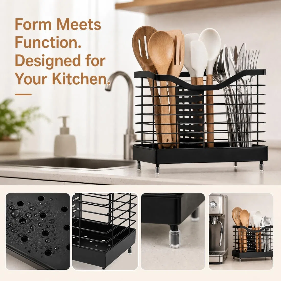 2 Fächer Küchenutensilienhalter Utensilienhalter Schwarz Halter für Küchenutensilien Organizer Metall 20x19x11cm Besteckhalter mit Ablaufboden Besteckkorb Utensilien Caddy für Arbeitsplatte