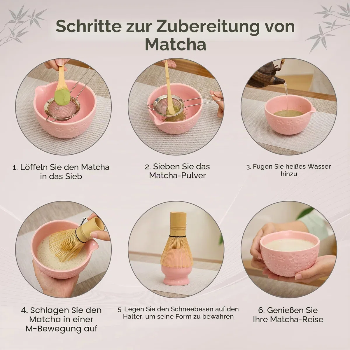 Matcha-Schneebesen-Set – traditioneller Bambus-Chasen mit Schüssel, komplettes Matcha-Tee-Zubereitungsset und Starterwerkzeuge für authentische japanische Zeremonie (Pink 01, 8-teiliges Set