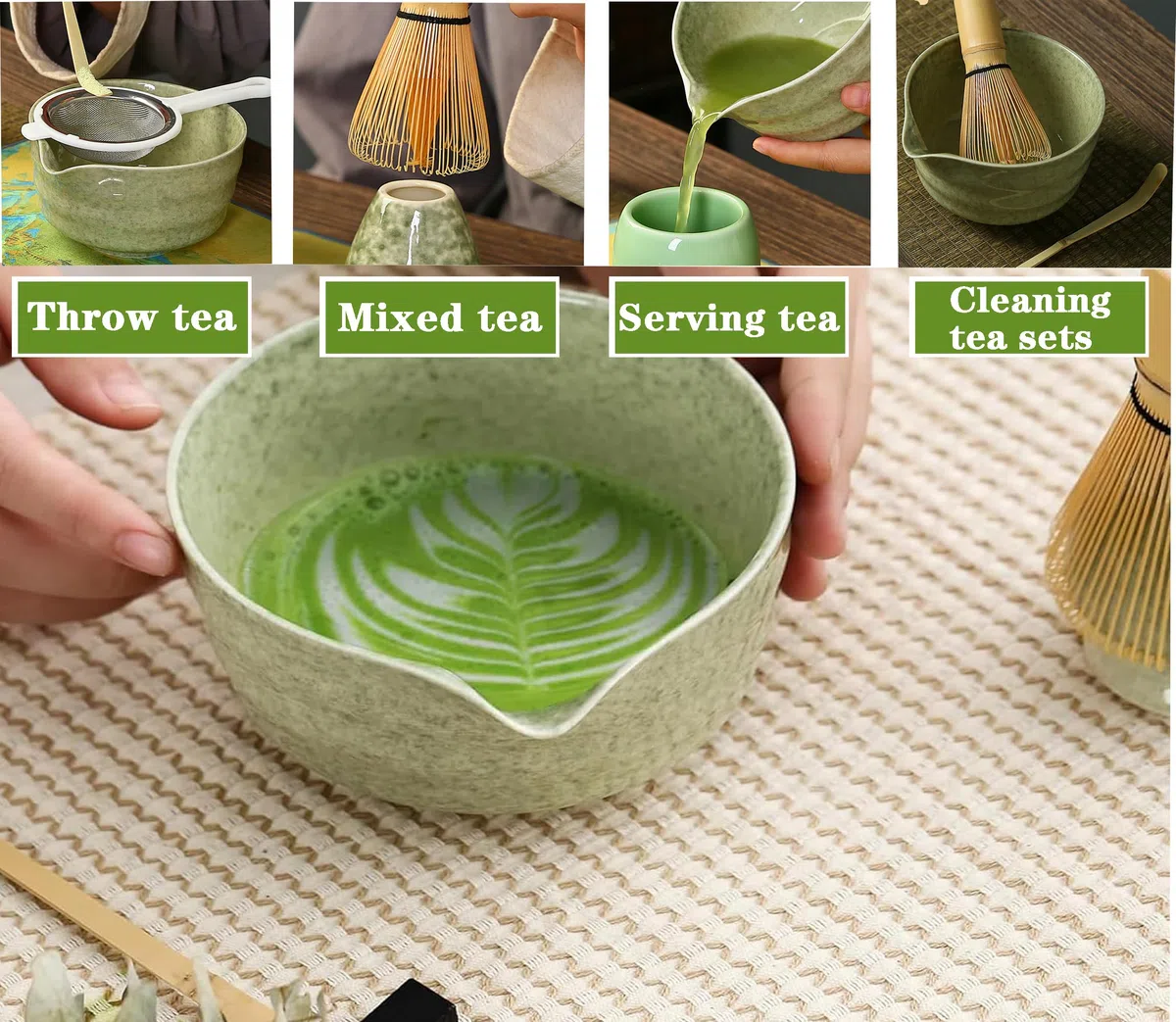 XPSSJMU , Matcha-Rührer, Matcha-Rührer, Matcha-Rührer-Set, Keramik-Matcha-Set inklusive Matcha-Schüssel mit Ausgießer, Matcha-Rührer-Ständer und Bambuslöffel, bestes Geschenk für Ihre Lieben