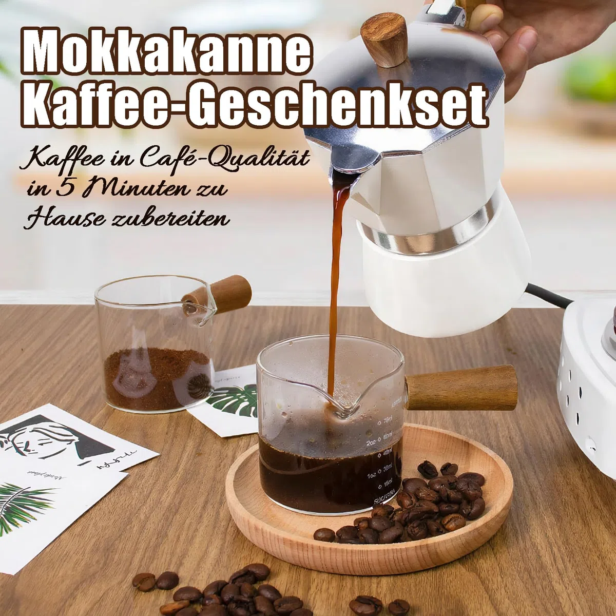 OKYUK 7 in 1 Espressokocher Set, Aluminium Espressokocher für die Herdplatte für 3 Tassen 150 ml, Elektroherd, Espressomaschine für Cappuccino, Latte, Mokka, für Reisen oder Camping (Weiß)