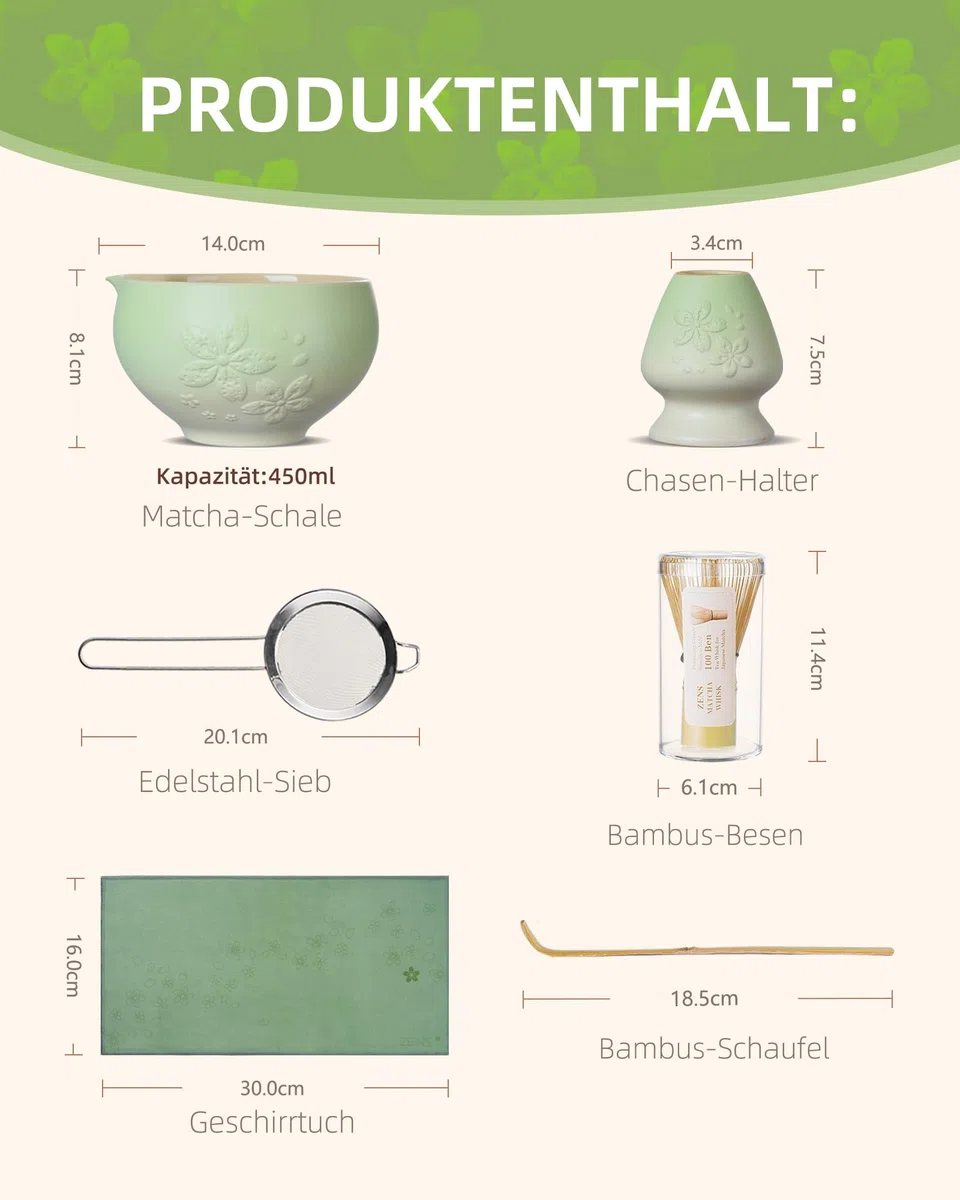 ZENS Matcha Set mit Matchabesen, Japanisches Matcha-Teeservice mit Matcha Schale, Besenhalter, Matcha-Pulversieb und Löffel & Teetuch, Geschenk für Matcha-Liebhaber, Grün