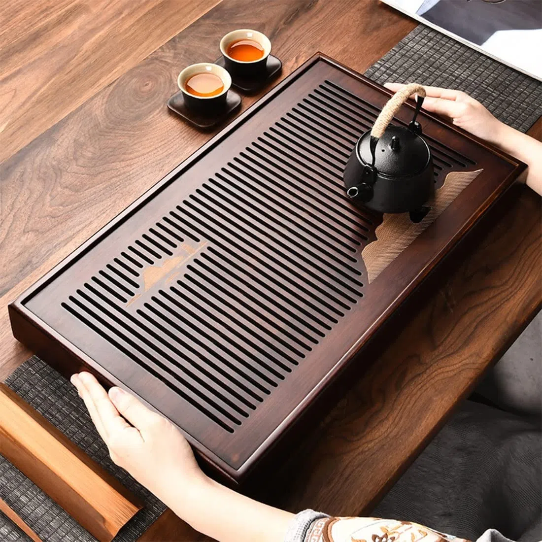 Chinesisches Kongfu Teetablett aus Bambus, multifunktionales Premium-Teetablett mit Box Reservoir & Drainage-Typ für Teehaus – einfaches Design