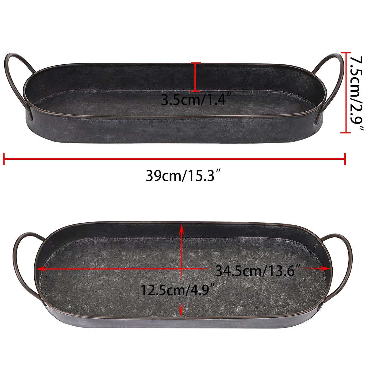 Hipiwe Industrie-Stil, Metall-Eisen-Tablett, verzinkt, Serviertablett für Couchtisch, Heimdekoration, Tafelaufsatz, rustikales Frühstücks-Serviertablett mit Griffen (oval)