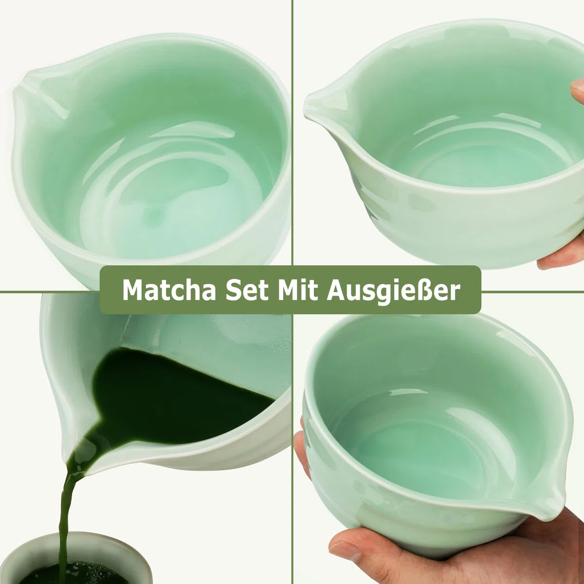 Zingbee Matcha Set 9-Teiliges Matcha Schale mit Ausgieße Matcha Besen Set inklusive Matcha Whisk*1 Matcha Besen Halter*1 Matcha Sieb*1 Matcha Löffel*2 Matcha Tasse*2 matcha set grün