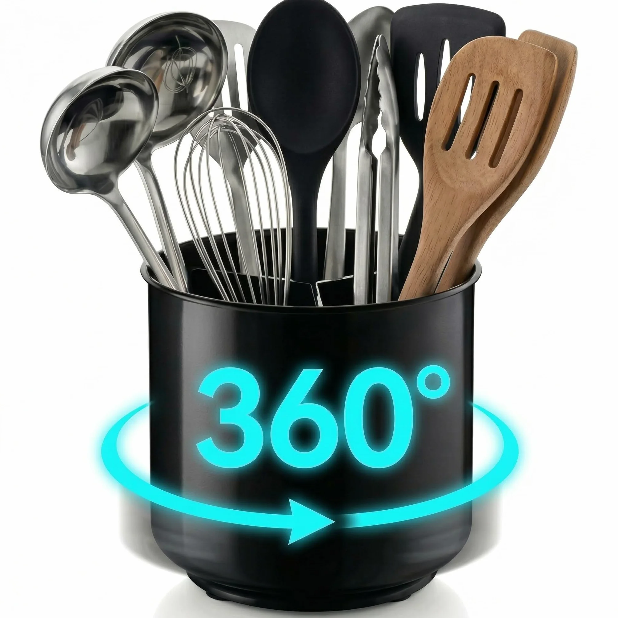 Cooler Kitchen Utensilienhalter Küche Extra Groß Drehbar Schwarz mit Beschwertem Boden, Herausnehmbarer Trennwand und Griffigem Einsatz – Rostfrei und Spülmaschinenfest – 17,9 cm
